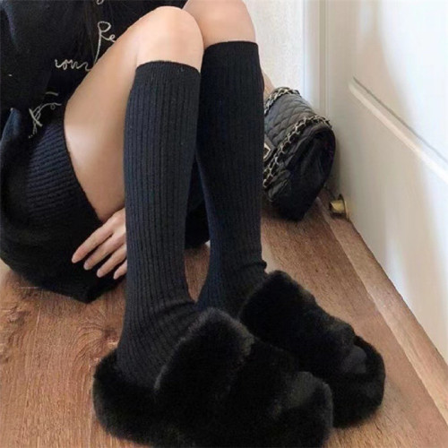 Price~Versatile black calf socks for women, solid color stockings, white mid-calf socks, gray pile socks