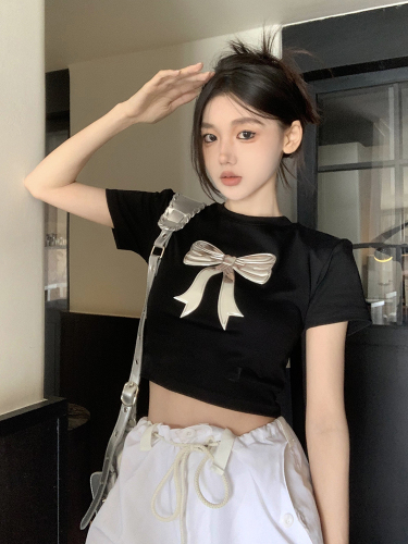 Actual shot of Pure Desire, sweet three-dimensional bow short-sleeved T-shirt, Korean style slim-fitting short versatile top