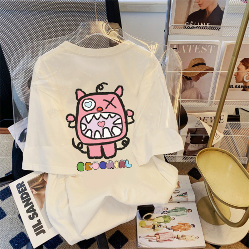 Real shot of pure cotton summer clothes new Korean version loose mid-length short-sleeved T-shirt female students cartoon printed half-sleeved top