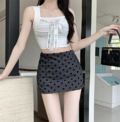 實拍！法式白色波點辣妹顯瘦百搭高腰包臀小個子A字半身短裙
