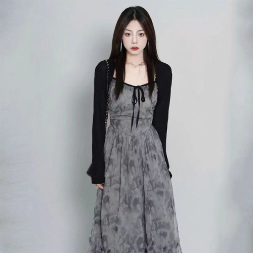 Black and gray lace fine glitter mesh skirt summer super fairy design suspender skirt cardigan summer new style for women