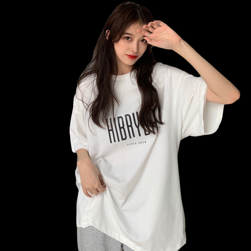 Actual shot of 100% cotton raglan back collar oversize mid-length loose letter short sleeve women's trend