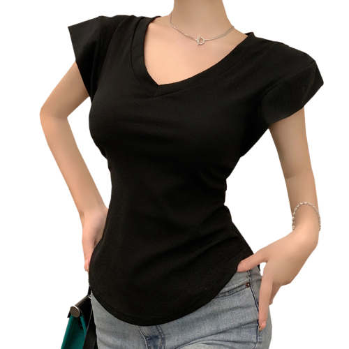 Real shot of V-neck T-shirt for women, summer design, irregular sleeveless vest, mid-length slim fit hot girl short-sleeved top