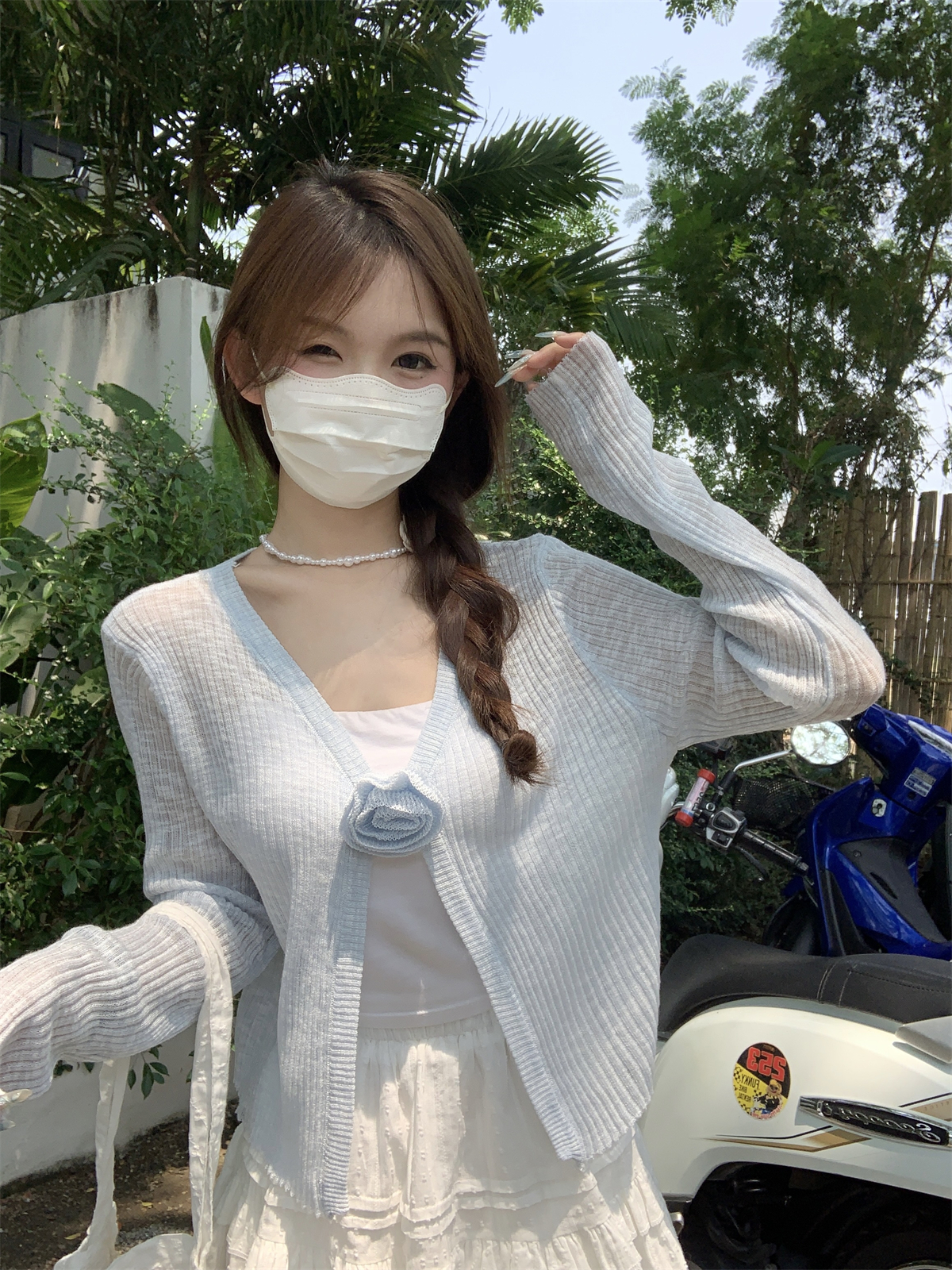 Actual shot of summer Korean style pure desire three-dimensional flower cardigan bamboo cotton long-sleeved sun protection knitted top for outer wear