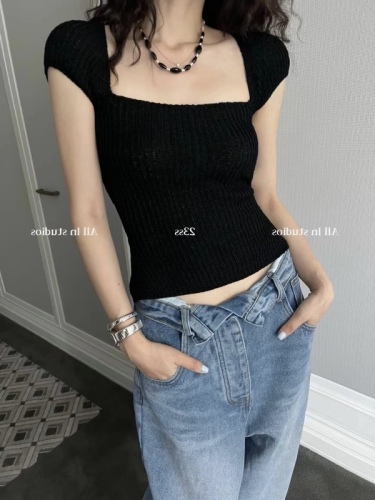  new summer hot girl sexy backless strappy top women pure lust style slim square neck short-sleeved sweater trend
