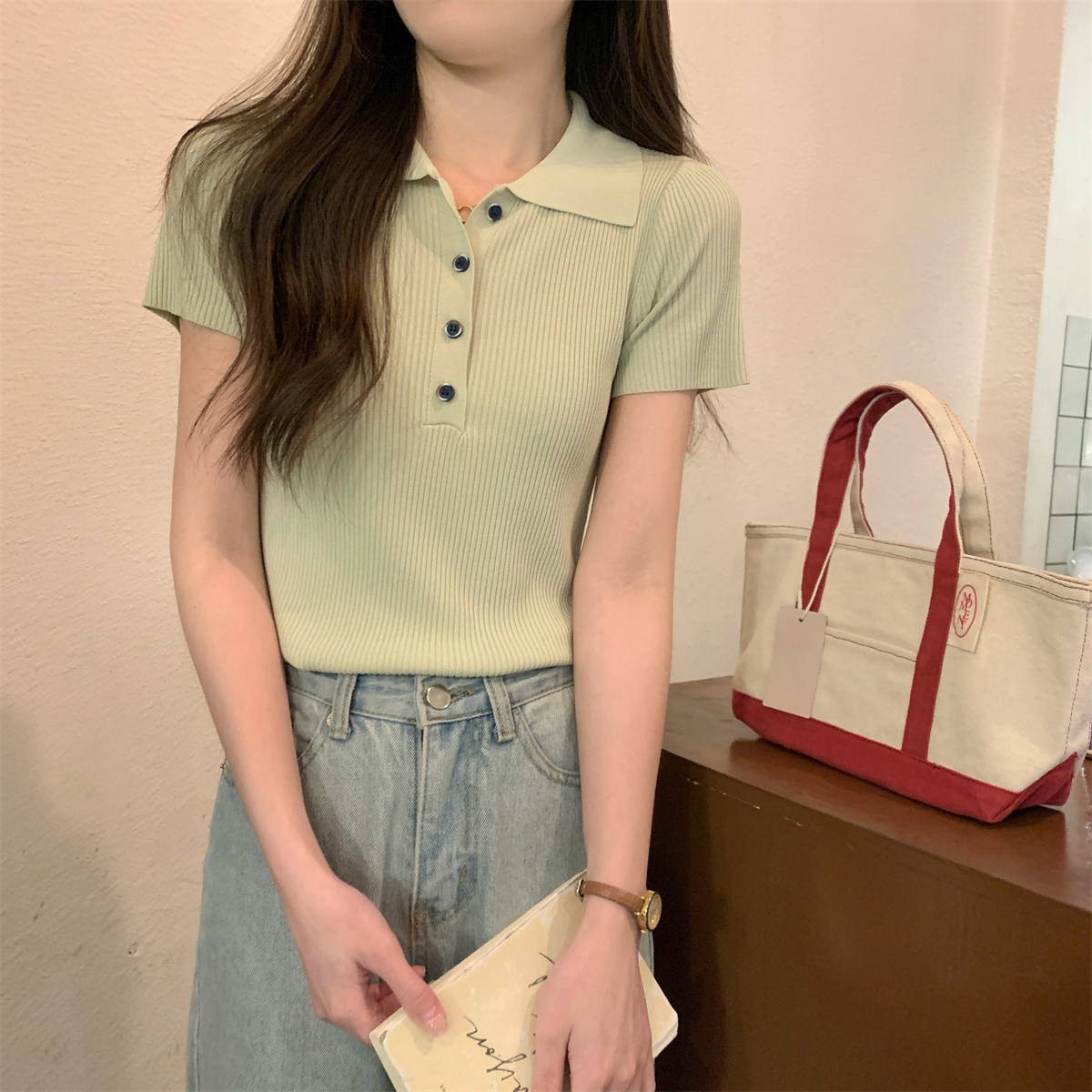 實拍 夏季韓版POLO領紐扣減齡百搭設計感針織短袖上衣女