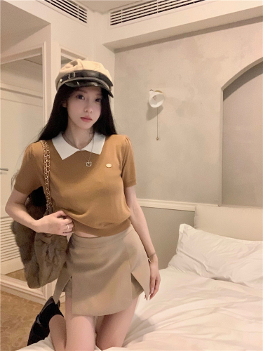 Actual shot ~ POLO collar knitted short-sleeved T-shirt for women with spliced ​​sweet hot girl top + a-line suit skirt pants