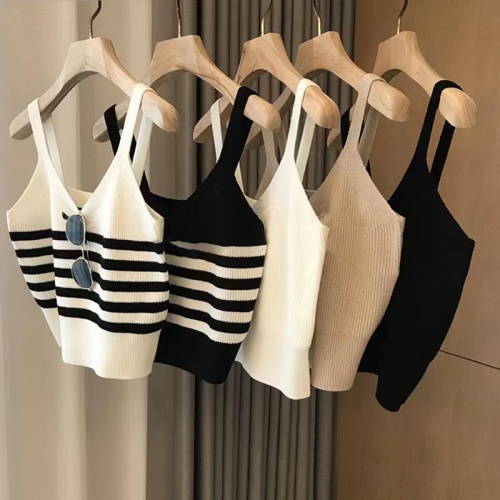 Sweet and Spicy Striped Knitted Suspenders Women's Summer Outerwear French Chic Short Style Super Hot Small Vest Sleeveless Top