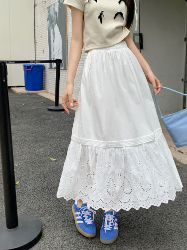 Actual shot of white lace skirt for women high waist solid color splicing mid-length A-line skirt 2024 spring and summer new style