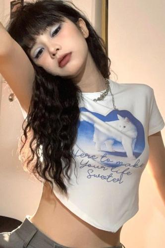 Jin Liang official picture 6535 stretch cotton summer new printed sweet short-sleeved hottie short slim fit T-shirt for women