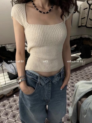  new summer hot girl sexy backless strappy top women pure lust style slim square neck short-sleeved sweater trend