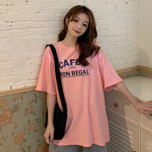 Real shot of Korean style loose letter print summer new half-sleeved mid-length short-sleeved T-shirt for women