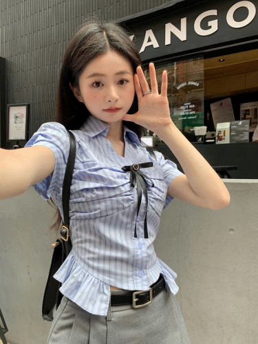 Actual shot~Large size fat striped puff short-sleeved bow shirt for women + slim pleated short skirt pants two-piece suit