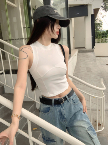 Real shot of summer Korean style slim-fitting short navel-baring hottie fishbone design pure cotton vest T-shirt top for women