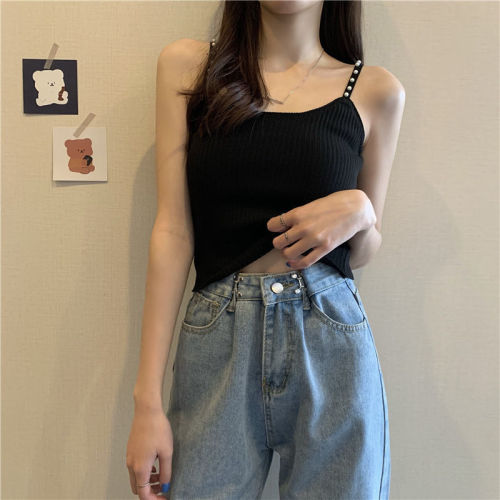 Hot girl pure lust style pearl camisole women's outer wear summer new style inner knitted slim tube top sleeveless top