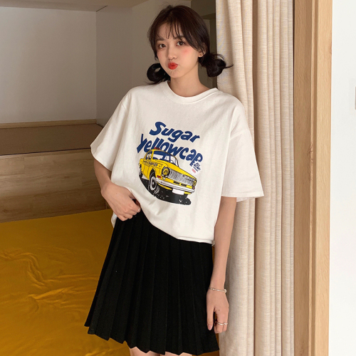 Real shot of pure cotton short-sleeved T-shirt for women in summer new design niche loose slimming American retro round neck