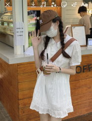 Real shot~Sweet first love little white dress for women, loose baby doll collar, puff sleeves, waist slimming dress