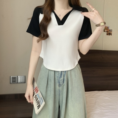 设计感小众撞色V领POLO衫T恤女夏季修身韩版百搭短款短袖上衣潮