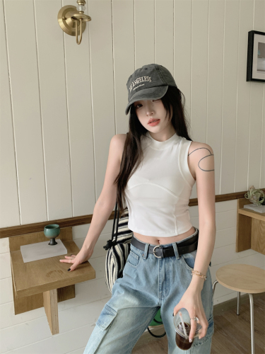 Real shot of summer Korean style slim-fitting short navel-baring hottie fishbone design pure cotton vest T-shirt top for women
