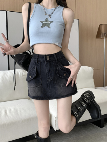 Real shot of denim skirt for women in spring new high-waisted slimming hot girl anti-exposure temperament hip-covering A-line short skirt