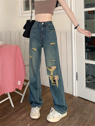 Real shot of retro high-waisted ripped jeans for women summer thin 2024 new loose and drapey wide-leg floor-length pants