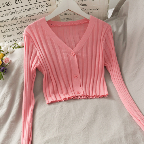 Korean style short slim fit three-button solid color woolen top for women summer vertical striped long-sleeved cardigan sweater