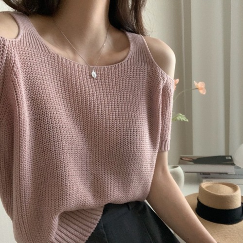 Gentle style off-shoulder short-sleeved sweater for women summer new style loose T-shirt sweet and spicy top