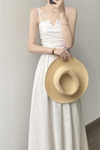Real shot~Pleated suspender dress 2024 summer new style French retro waist A-line tube top dress