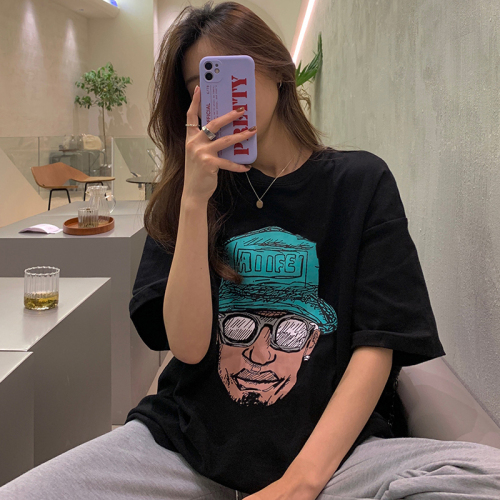 Actual shot of 200g pure cotton 2024 spring and summer retro portrait printing loose mid-length short-sleeved T-shirt for women