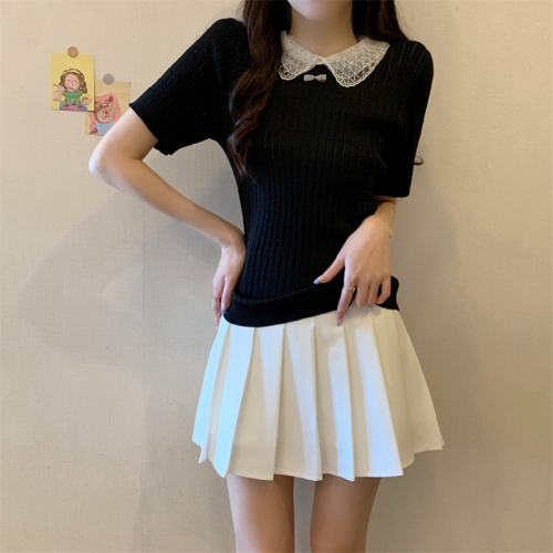 Actual shot of new lace doll collar short-sleeved ice silk sweater top