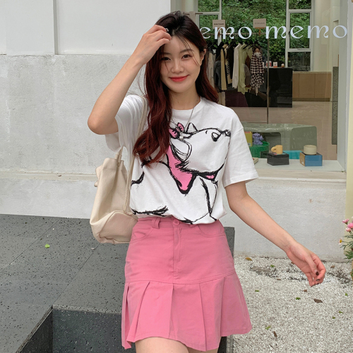 Actual shot of 200g pure cotton raglan back collar personalized deer print short-sleeved T-shirt for women summer new style