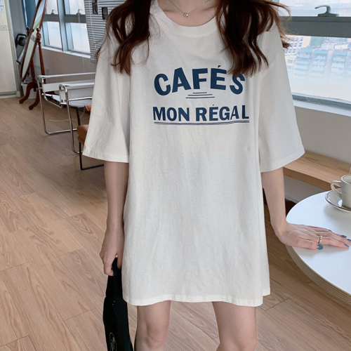 Real shot of Korean style loose letter print summer new half-sleeved mid-length short-sleeved T-shirt for women