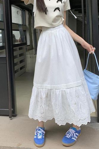 Actual shot of white lace skirt for women high waist solid color splicing mid-length A-line skirt 2024 spring and summer new style