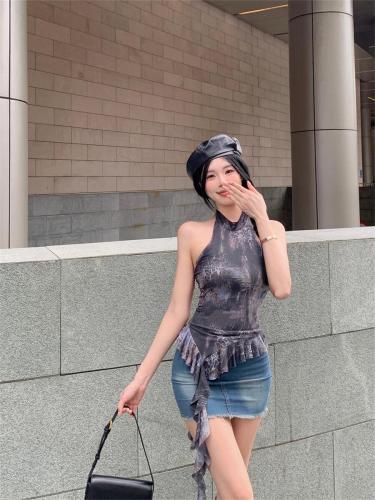 Real shot of black half-high collar ruffled vest for women in summer hot girl design sleeveless printed mesh top