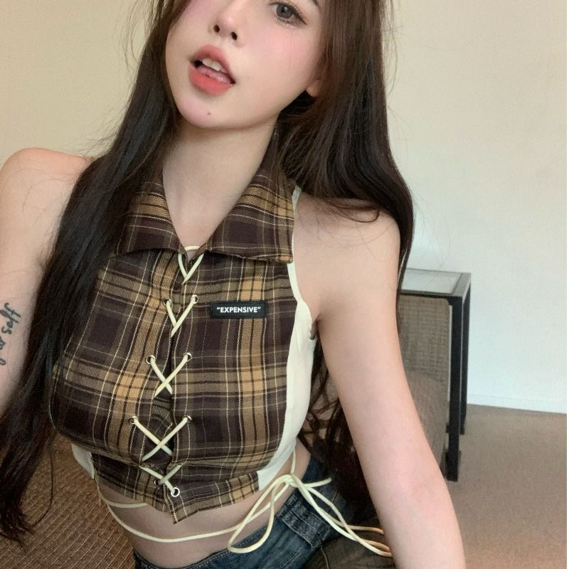 美式辣妹穿搭設計感小眾格紋拼接系帶背心女修身短款內搭外穿上衣