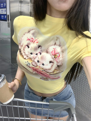 实拍 纯欲漫画身材猫咪印花修身短袖T恤