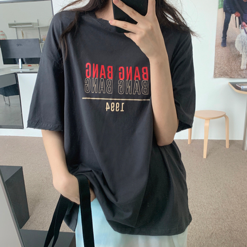 Actual shot of new summer style 2024 Korean design letter print loose casual mid-length short-sleeved T-shirt for women