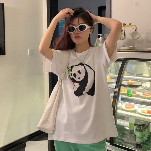 Real shot 100% cotton personalized panda print short-sleeved T-shirt for women