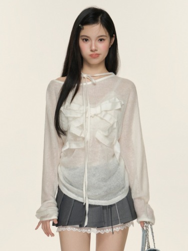 Soote Season原创设计白色蝴蝶结系带纯欲微透针织长袖罩衫T恤女