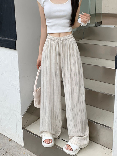 Real shot of 2024 spring and summer new linen and cotton casual pants for women, loose striped drape drawstring elastic waist straight pants