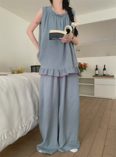 Actual shot of ear-trimmed vest pajamas for women, summer comfortable wide-leg pajamas, home clothes two-piece set