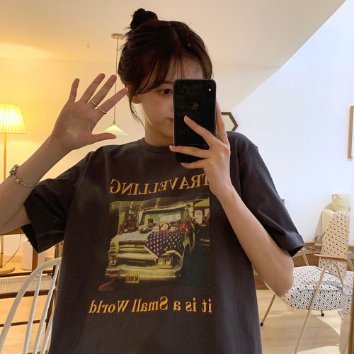 Real shot of pure cotton American hip-hop short-sleeved T-shirt for women summer loose ins retro oversize top half-sleeved