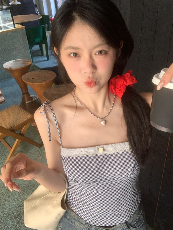 Real shot of plaid sling women's bow new rose color matching waist slimming top for women