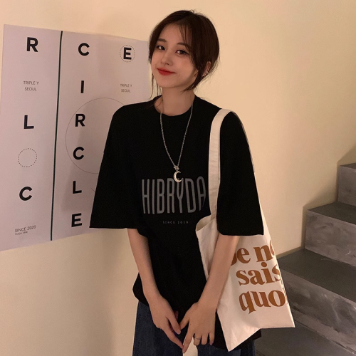 Actual shot of 100% cotton raglan back collar oversize mid-length loose letter short sleeve women's trend