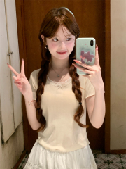 Actual shot of summer Korean style new lace bow T-shirt with sweet and spicy inner design niche top for women