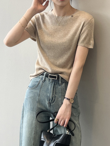 Real shot~Short versatile round neck solid color T-shirt for women 2024 summer new thin soft waxy knitted top