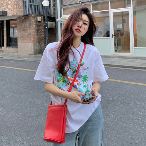 Actual shot of 100% cotton island print short-sleeved T-shirt for women loose Korean style student top