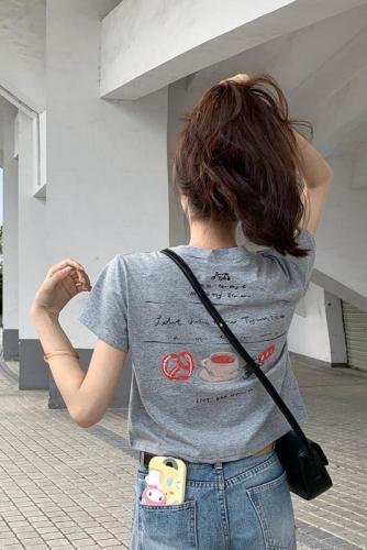 Original~real shot~right shoulder pure cotton short-sleeved T-shirt for women with printed back blouse