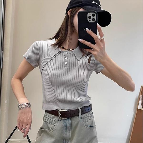 甜辣設計條紋吊帶百搭POLO領拼接塑身顯瘦女打底衫內搭外穿針織