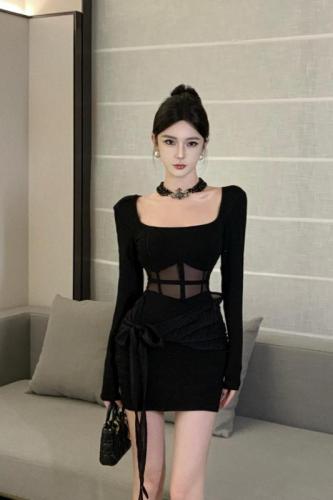 Hot girl's French square-neck mesh see-through leaking belly button waist-slimming short hip-hugging dress